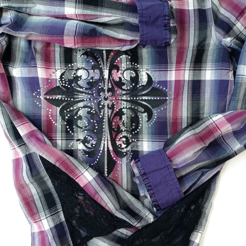 Y2K Maurice's Plaid Shirt Rhinestone Embellished Lace Western Style Women's Med - Picture 14 of 16